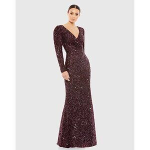 Mac Duggal Size 18 Burgundy Sequined Beaded Formal Dress Gown Puff Shoulder New